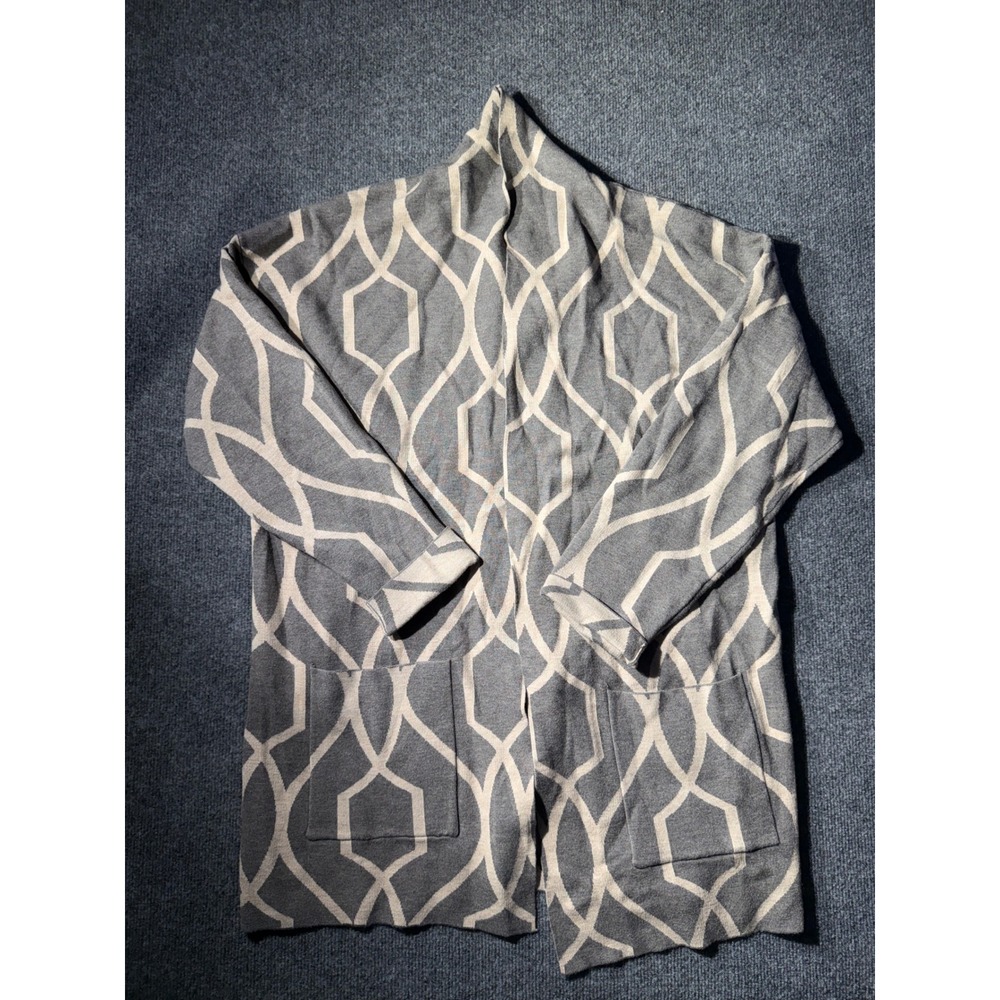 J'Envie Cardigan Sweater Womens XL Grey Geometric Open Front Pockets Excellent